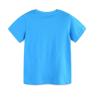 Sky blue boy's cotton T-shirt with crew neck and short sleeves shown from back view