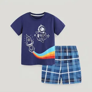 Boys Summer Astronaut Space Print Short Sleeve Top And Plaid Shorts Outfit Cotton Breathable Casual Clothing For Toddler Kids