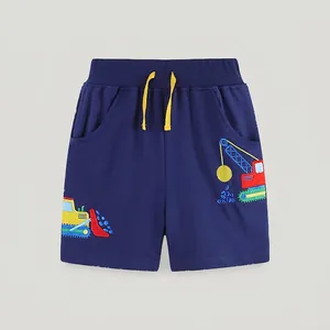 Boy's navy cotton knit shorts with bulldozer embroidery and yellow drawstring cord