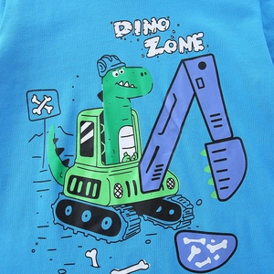 Boys blue cotton T-shirt featuring a cartoon dinosaur driving an excavator print