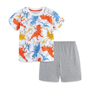 Boys summer cotton two-piece set featuring colorful cartoon dinosaur prints and grey shorts