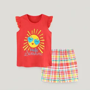 Kids Girls Summer Two-Piece Clothing Set Cotton Hello Sunshine Print Sleeveless Top And Plaid Shorts Casual Outfit