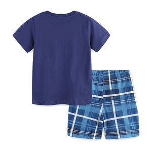 Boys summer two-piece outfit with navy short sleeve T-shirt and blue plaid cotton shorts