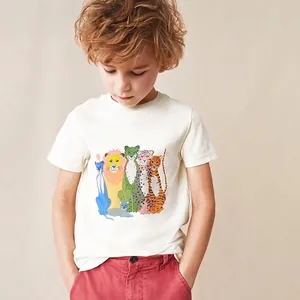 Boys 100% Cotton Cartoon Animal Print T-Shirt Summer Short Sleeve Crew Neck Toddler Kids Soft Breathable Graphic Tee