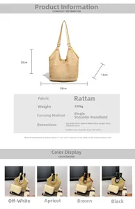 Détail montrant les dimensions du sac en paille, la texture et quatre coloris