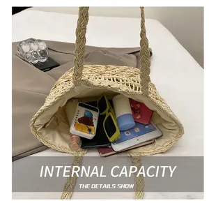 Macro shot of spacious straw tote interior with lining and secure zipper pocket