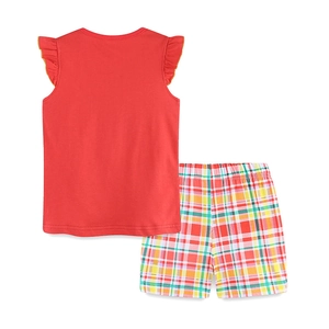 Girls' summer set with red ruffled sleeveless top and colorful plaid cotton shorts