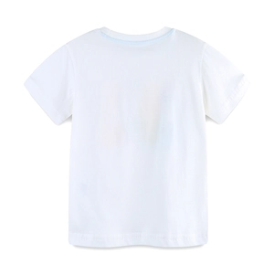 Back view of minimalist white cotton short-sleeved T-shirt with classic round neck for boys