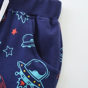 Boys navy blue cotton sports shorts with cartoon space print and white drawstring waist