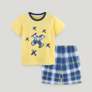 Kids Boys Summer Cotton Clothes Set Cartoon Airplane Print Yellow T-Shirt And Blue Plaid Shorts 2 Piece Casual Sport Outfit
