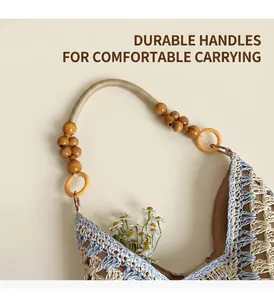 Detail of wooden bead handle on a blue and beige woven tote bag for summer vacation