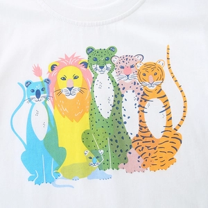 White cotton t-shirt for boys featuring five colorful cartoon lion and tiger prints