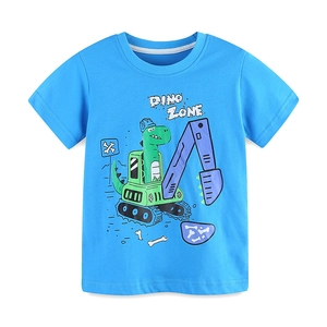 Boys blue cotton T-shirt featuring a cartoon dinosaur driving an excavator print