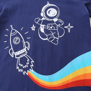 Boys short sleeve cotton set with dark blue astronaut and rainbow rocket prints