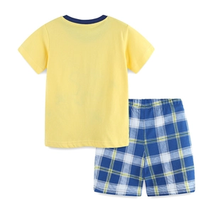 Kids cotton summer set with light yellow cartoon t-shirt and blue checkered shorts