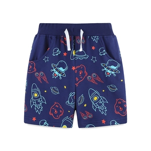 Boys navy cotton shorts with cartoon space print and adjustable drawstring waist