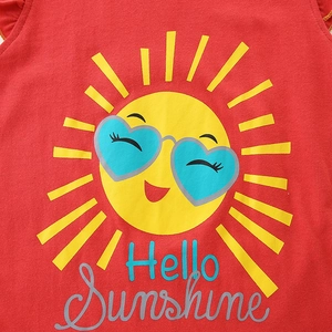 Girl's red cotton T-shirt set with cartoon sun print and Hello Sunshine text