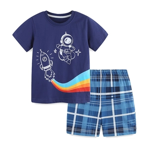 Boys summer cotton set with navy astronaut t-shirt and blue white checkered shorts