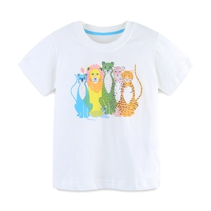 White cotton boys' T-shirt featuring colorful cartoon animal prints and round neckline