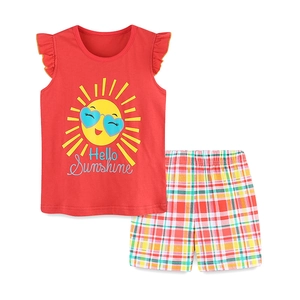 Girls summer cotton set with red cartoon sun tank top and colorful plaid shorts