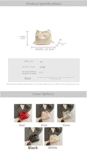 Detailed spec view of small PU leather bucket backpack in silver and multiple colors