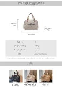 Detailed size chart for the large nylon travel bag with printed handles and dimensions