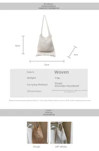 Detailed size specifications for bohemian woven tote bag with tassel design details