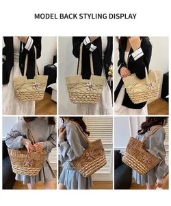 Collage of model wearing a woven straw tote bag with purple flower decoration