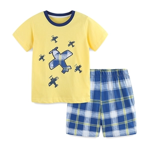 Boys summer cotton set featuring yellow aircraft print T-shirt and blue plaid shorts