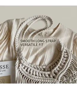 Close-up of bohemian hollow-out cotton weave and sturdy braided shoulder strap