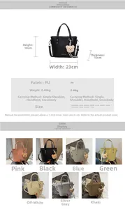 Size chart showing 23x18x10cm dimensions and colors for minimalist PU leather bucket bag