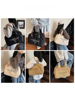 Collage of large nylon travel bags in black, beige, and khaki with patterned handles