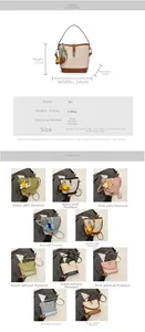 Detailed size specifications and color options for the stylish PU leather bucket bag