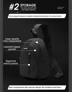 Detail view of the black tactical chest bag with three tiered zipper compartments