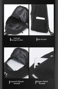Detail view of the multi-compartment interior and storage layout of the black crossbody bag