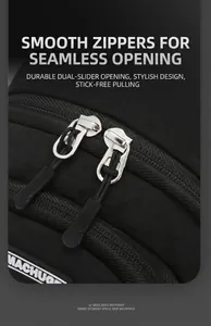 Detail of high-density nylon fabric with durable dual metal zippers and brand logo