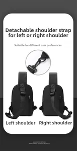 Detail of detachable strap hooks on a black nylon crossbody bag for left or right shoulder