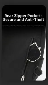 Detailed view of the anti-theft back zipper pocket on this black nylon crossbody bag
