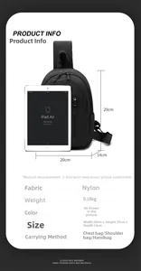 Nylon chest bag size chart showing 20x29x14cm dimensions with iPad for scale