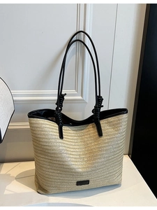 Women Summer Straw Woven Tote Bag Large Capacity Beach Shoulder Bag PU Leather Strap Contrast Color Vacation Handbag