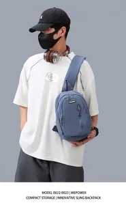Close-up of blue nylon crossbody bag with multi-layer zipper pockets and logo plate