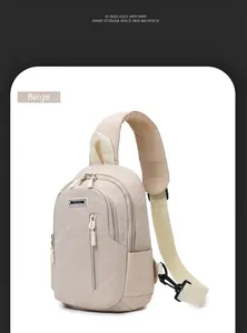 Detail of off-white crossbody bag featuring MACHUGE logo and dual zipper compartments