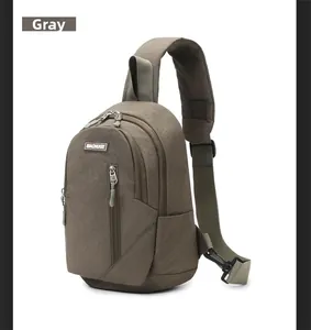 Detailed side view of grey crossbody bag with multiple zippers and wide strap