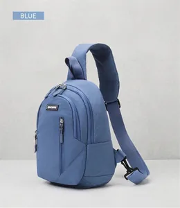 Detail view of a blue waterproof chest bag featuring multiple zipper compartments and buckles