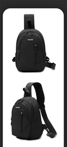 Macro detail of black waterproof chest bag featuring heavy-duty zippers and a logo patch