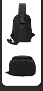 Detail of black nylon crossbody bag featuring adjustable strap and hidden anti-theft pocket