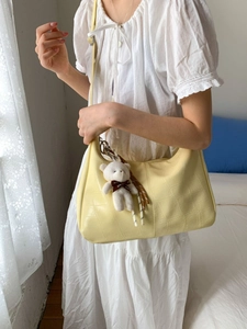 Minimalist light yellow crocodile pattern large shoulder bag with cute plush bear charm