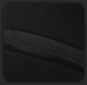 Macro detail of high-density textile fabric and premium resin zipper on black crossbody bag