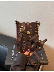 Women Fashion Cartoon Bear Print PU Leather Mini Crossbody Bag Retro Small Shoulder Phone Bag With Dog Pendant Charm