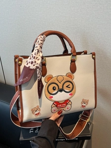 Women Cute Cartoon Bear Tote Bag PU Leather Color Block Shoulder Bag With Scarf And Wide Strap Fashion Crossbody Bag